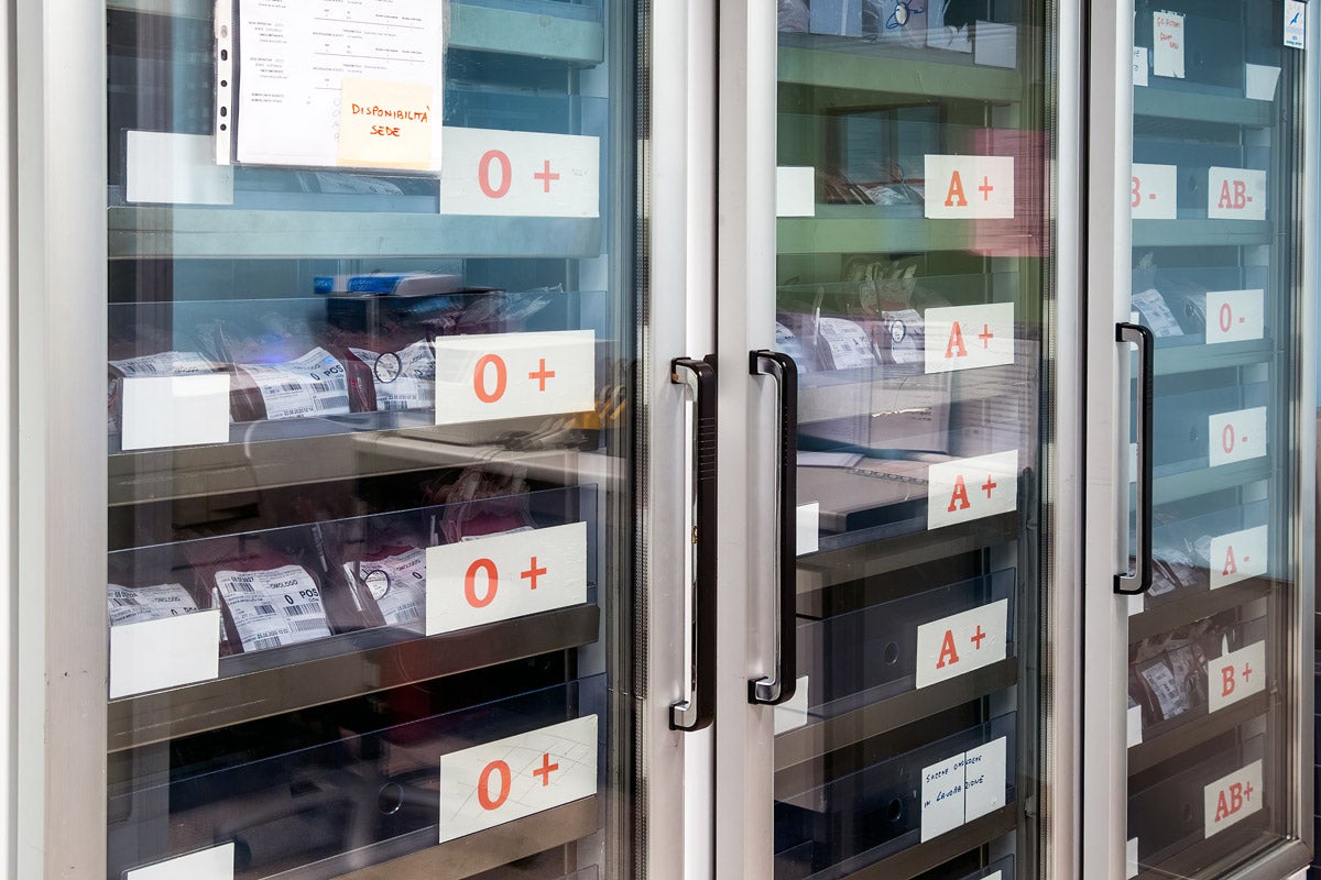 Refrigerated blood storage with shelves indicating blood type