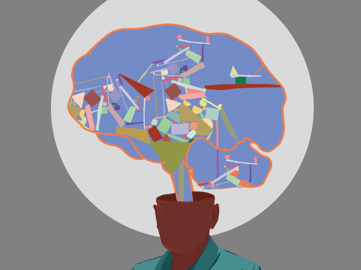 Illustration: A black man stands with his arms crossed. The top of his head is bisected showing an abstract illustration of the brain.